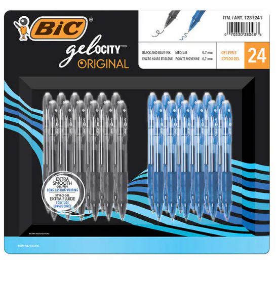 BIC Gel-ocity Black and Blue Gel Pens, 24-pack