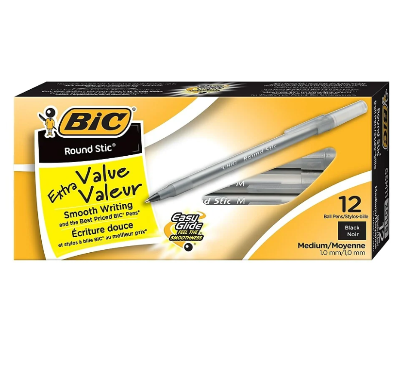 BIC Round Stic Extra Value Ballpoint Stick Pens - 1.0mm - Black - 12 Pack