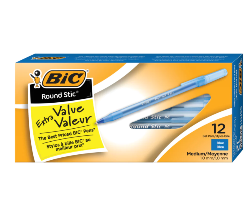 BIC Round Stic Extra Value Ballpoint Stick Pens - 1.0mm - Blue - 12 Pack