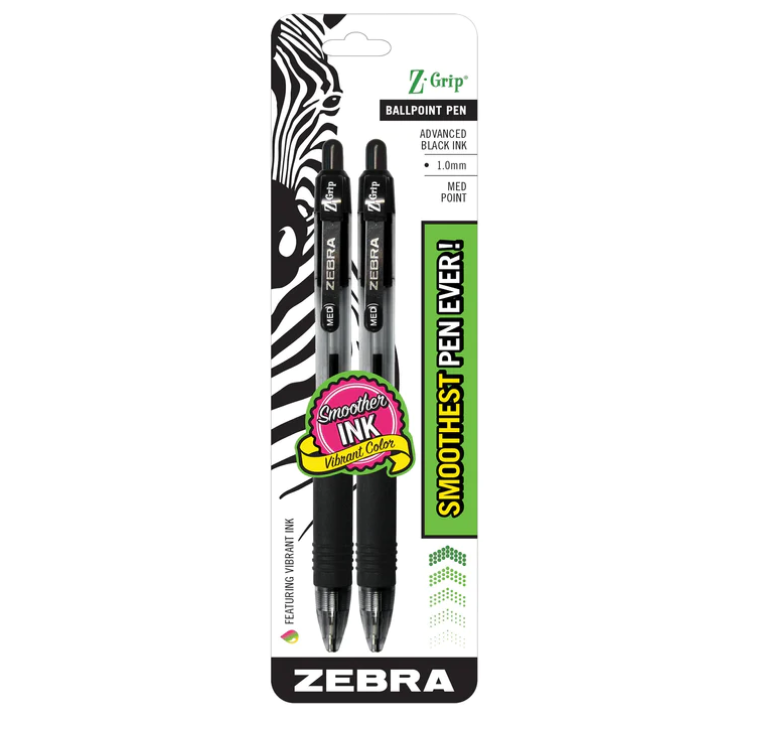 ZEBRA Z-Grip Retractable Ballpoint Pen, 1.0mm, Black Ink, 2pk