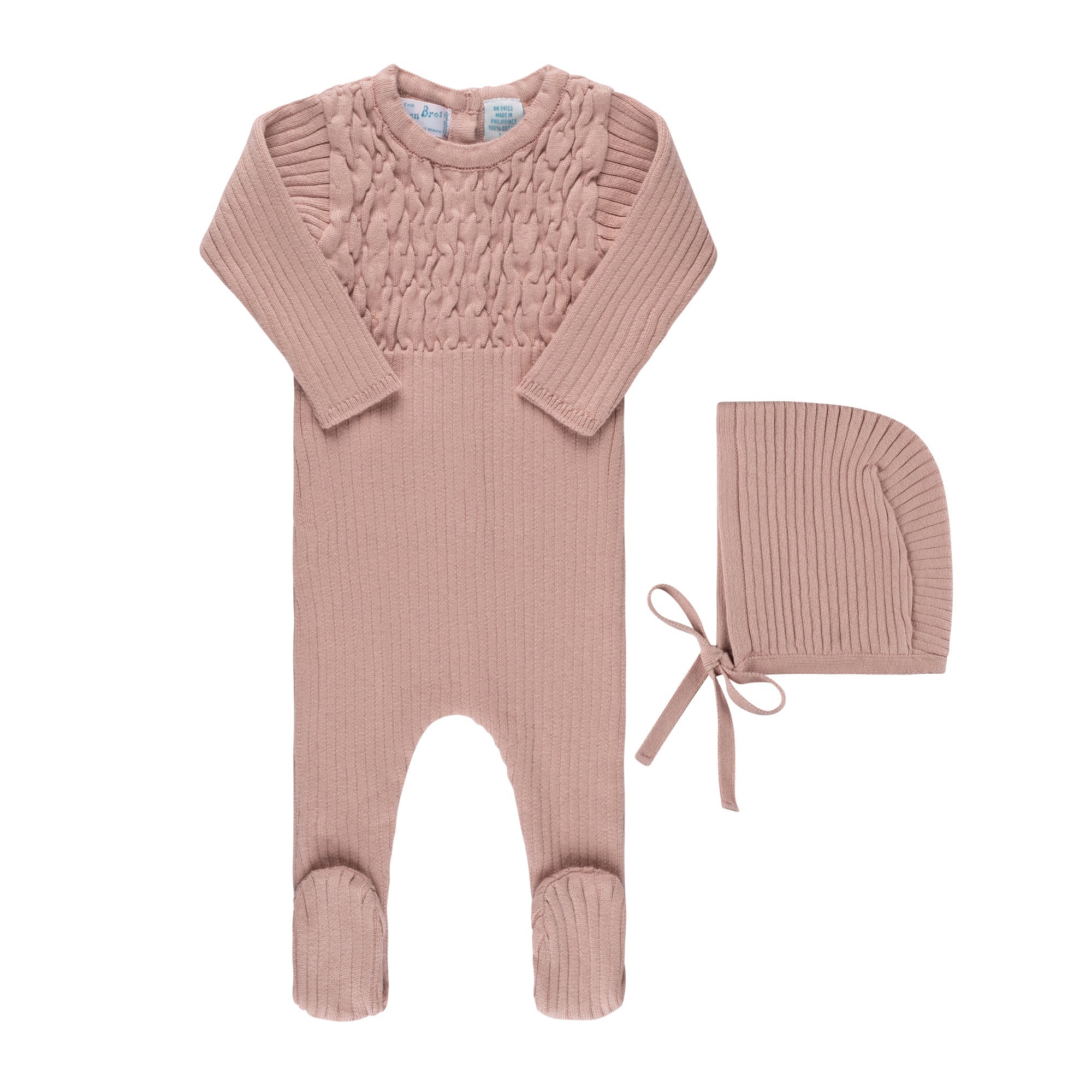 Feltman Bros, Smocked Ribbed Knit Romper & Bonnet (Mauve) 0/3M