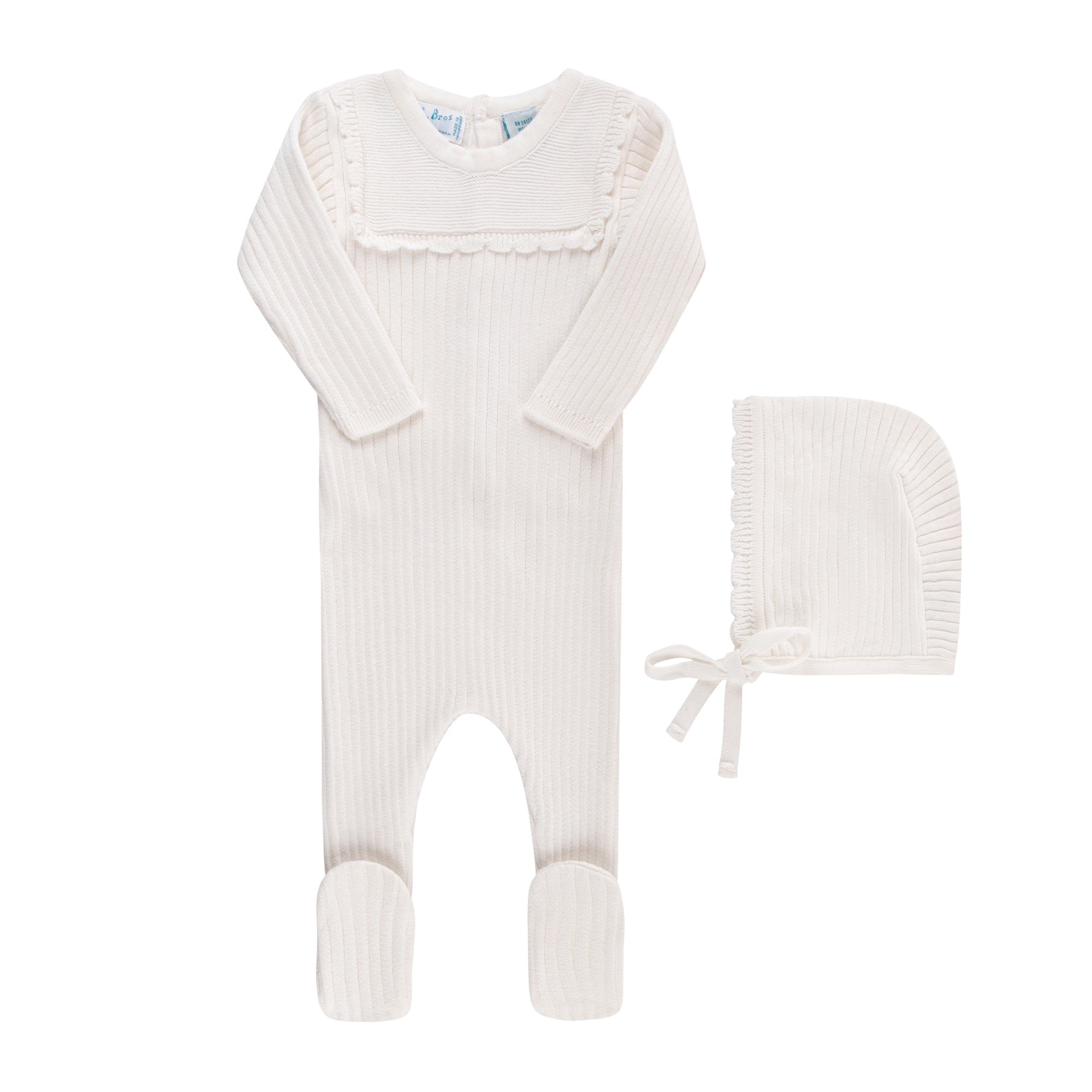 Feltman Bros, Scallop Trimmed Rib Knit Romper & Bonnet  (Ivory) 3/6M