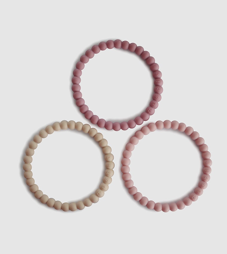 Mushie, Pearl Teething Bracelet 3pk, (Linen, Peony, Pink)