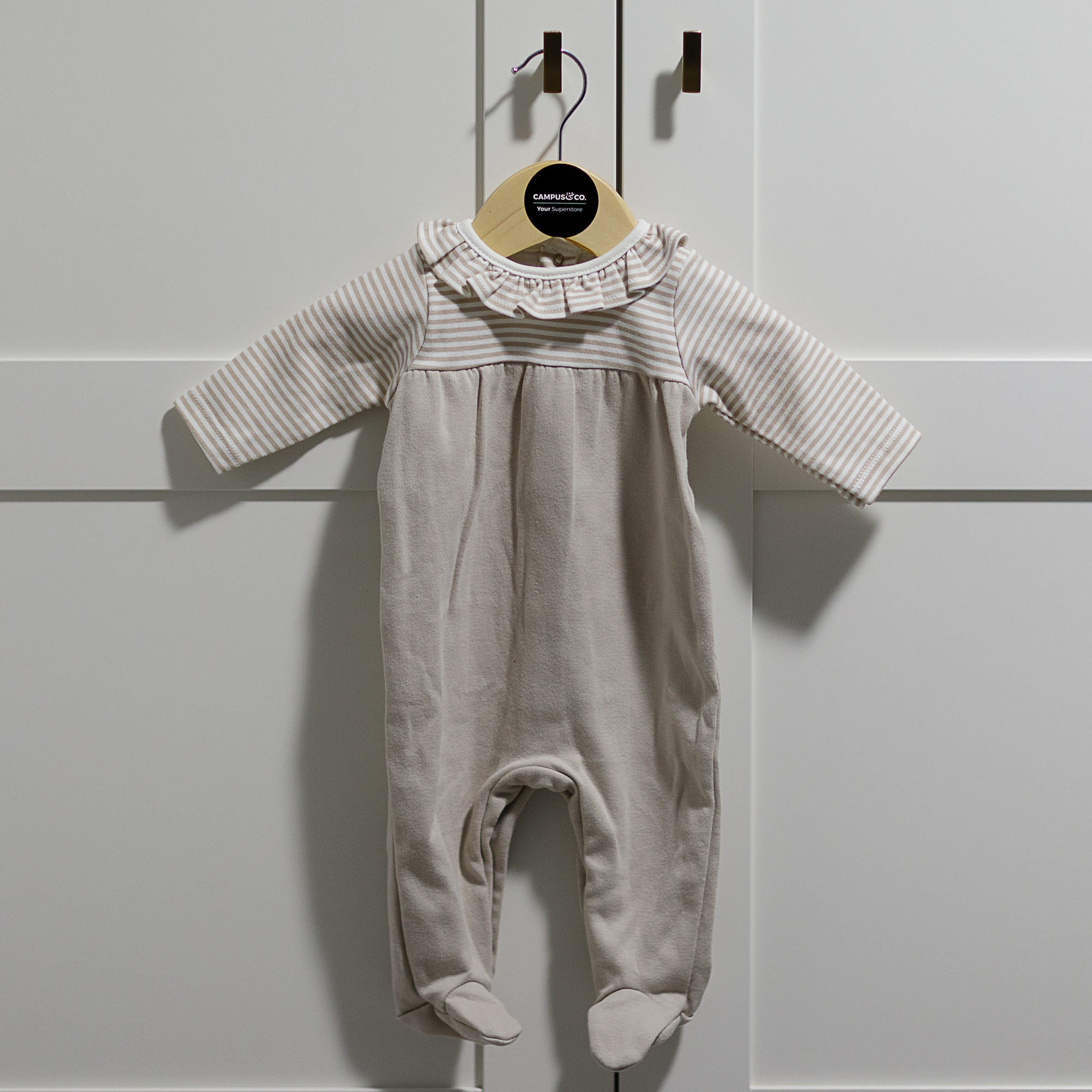 Babidu Beige Striped Romper with Ruffled Collar, 0-3M