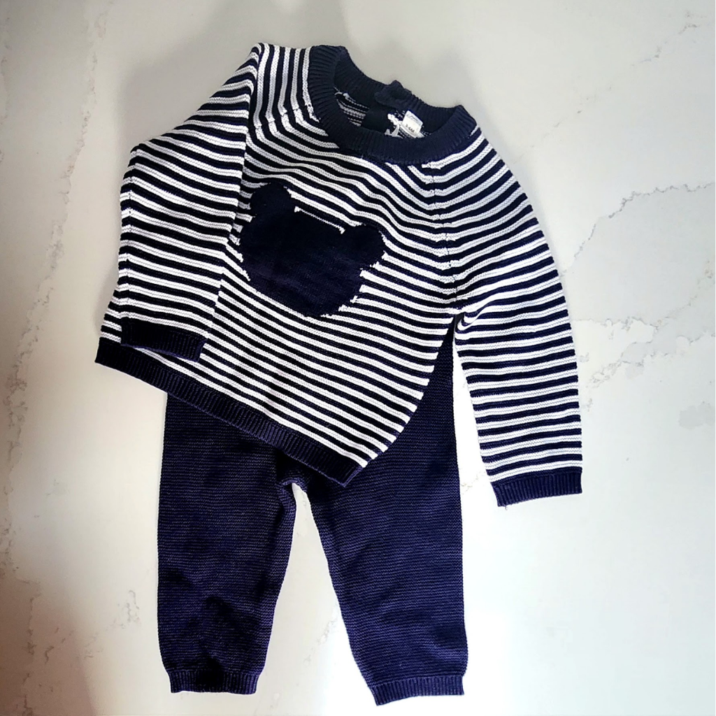 Bonjour Bébé, Navy/White Striped Bear 2pc 3-6M