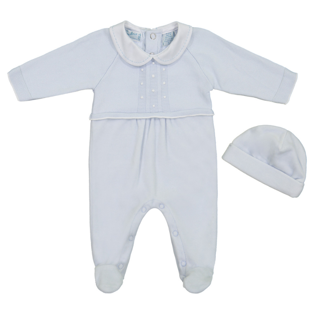 Feltman Bros, Blue Knit Romper W/Hat 9M