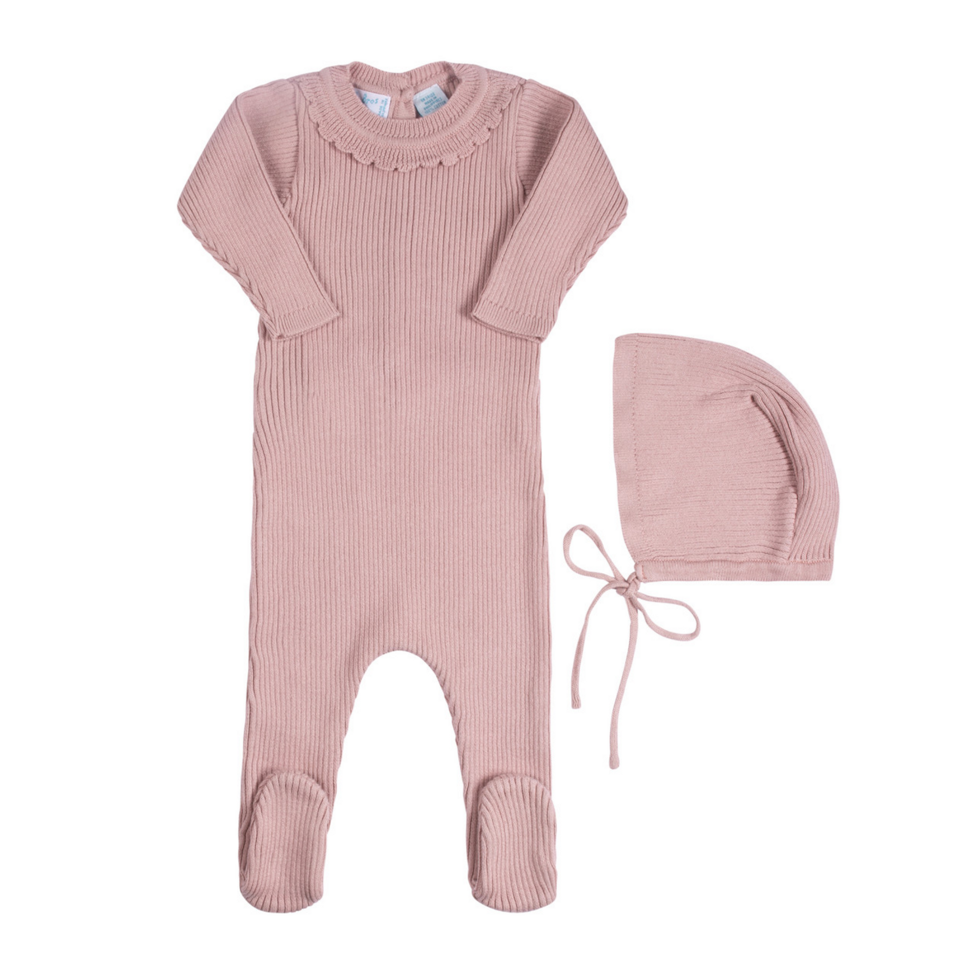 Feltman Bros, Mauve Ruffled Ribbed Romper w/Hat, 3/6M