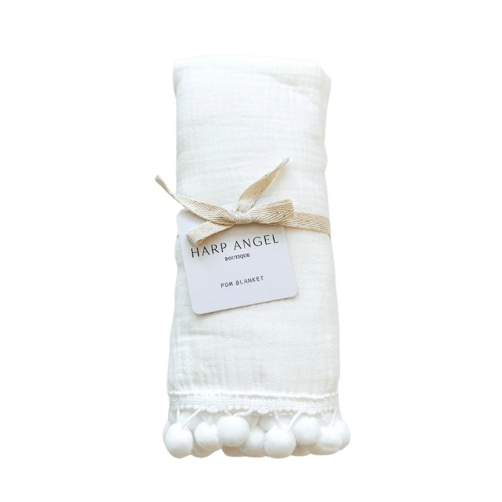 Harp Angel, White Pom Blanket