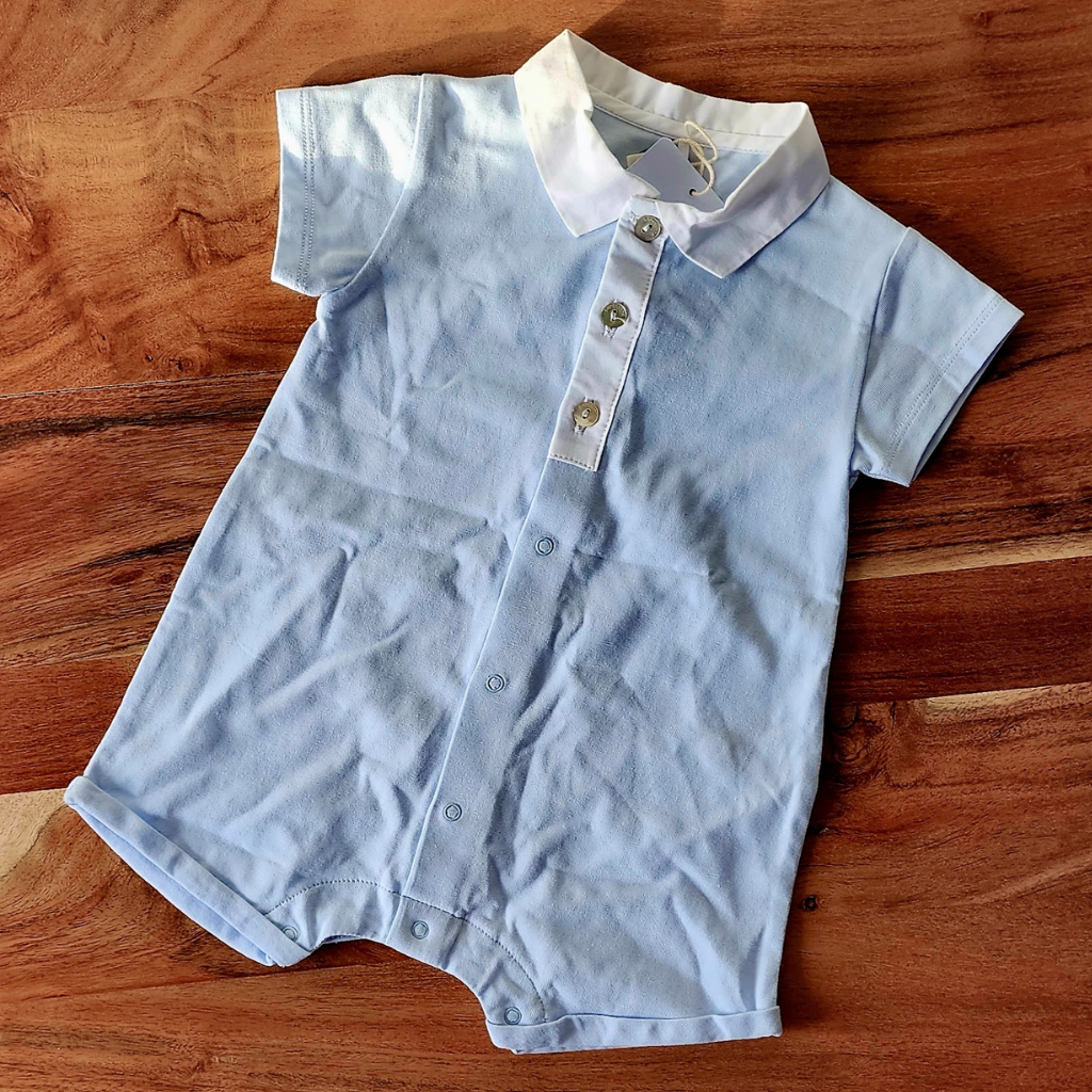 Laranjinha Blue Romper with White Collar 3-6M