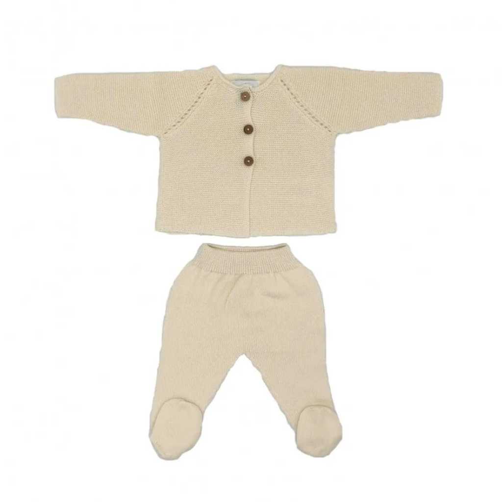 Micu Micu Newborn Knit Set with Wooden Buttons, Natural