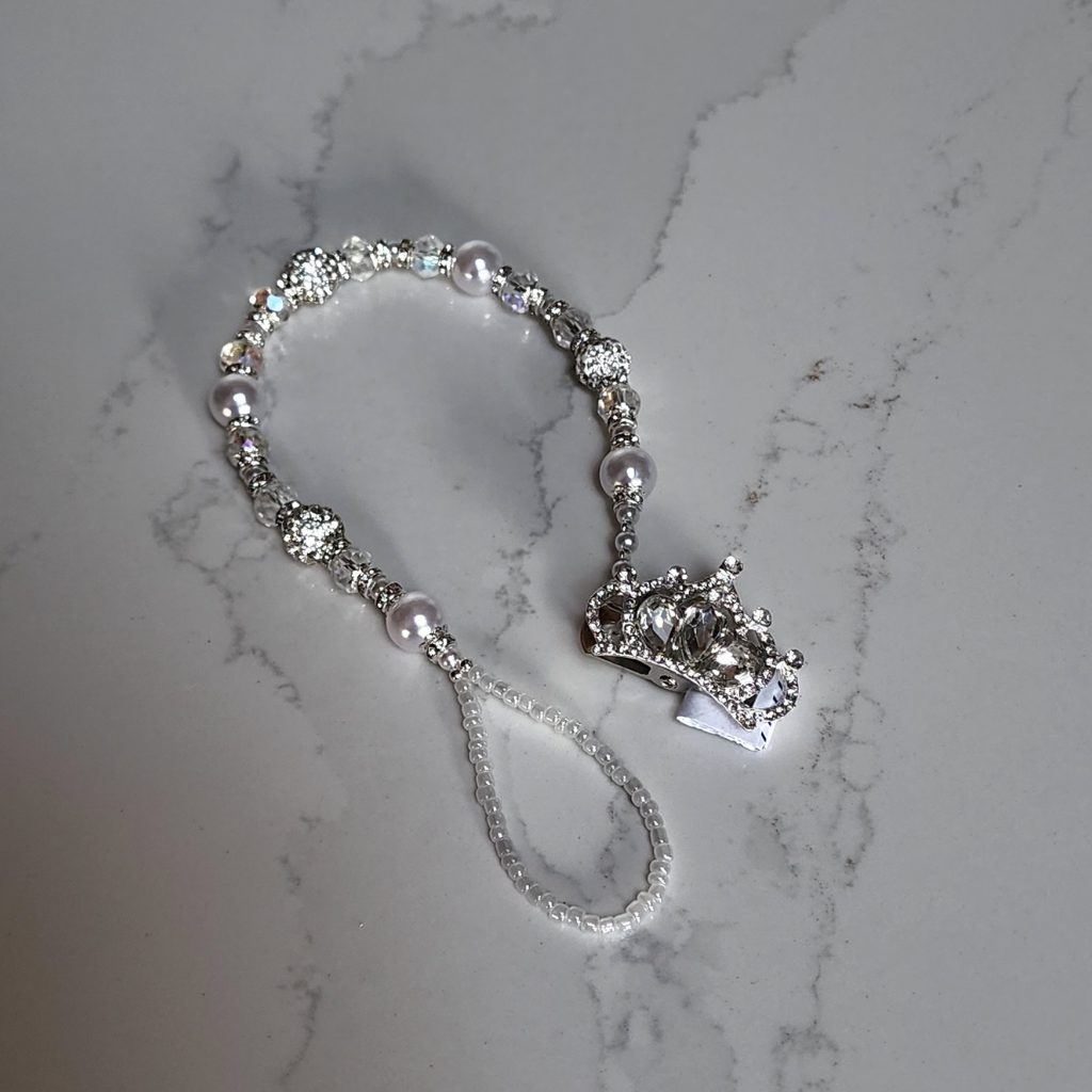 Silver Diamante Tiara Pacifier Clip