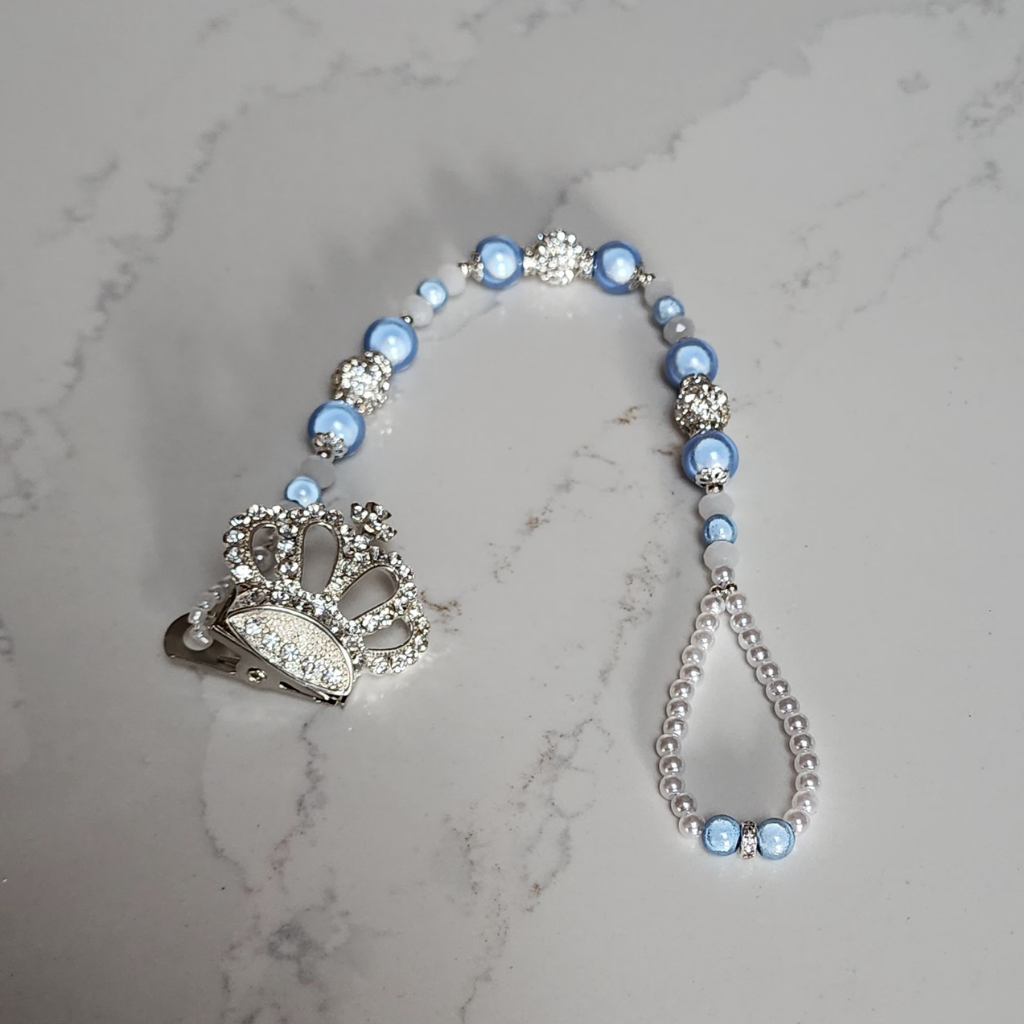 Silver & Blue Diamante Crown Pacifier Clip