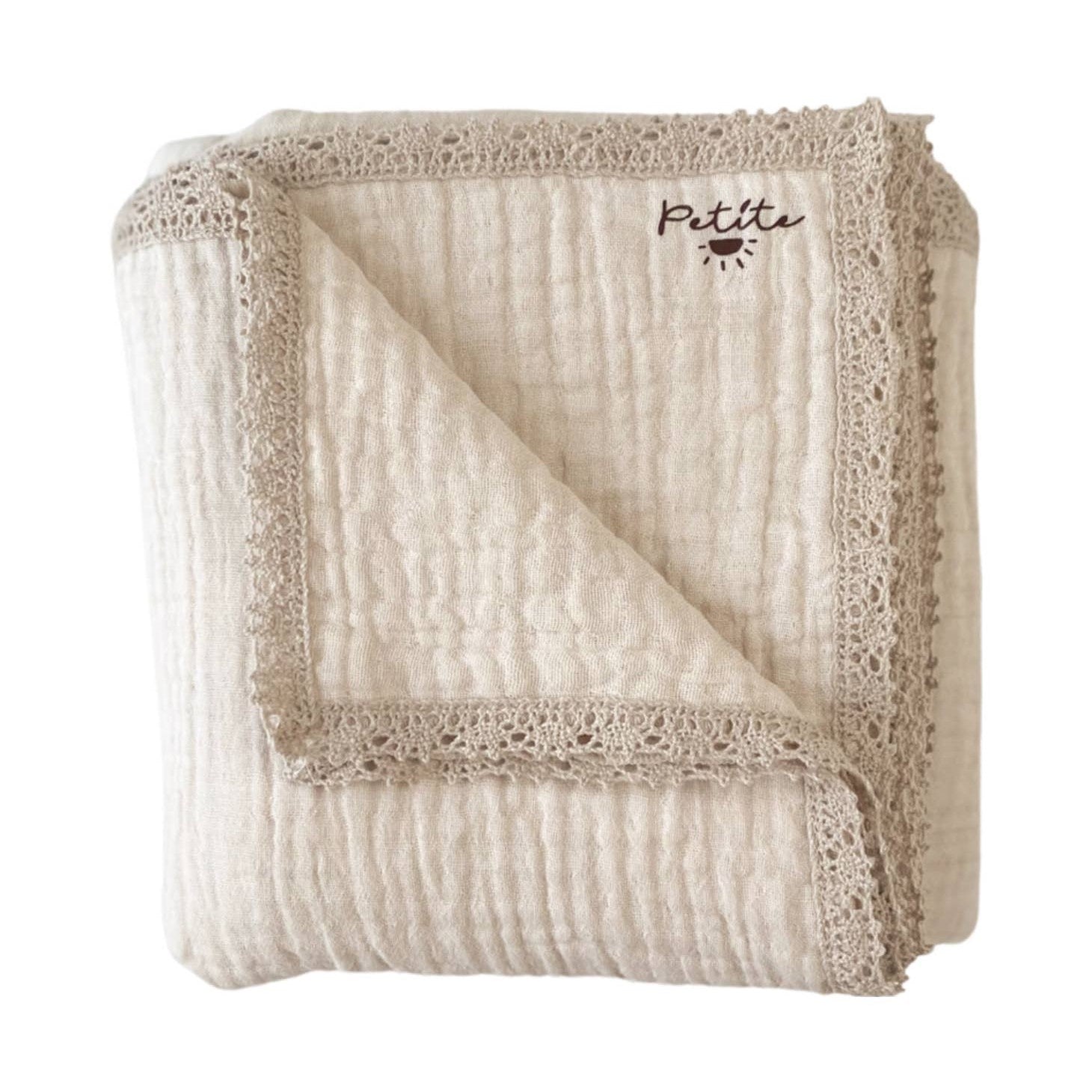 Muslin Swaddle Blanket with Lace Edging, 43"x43" / White